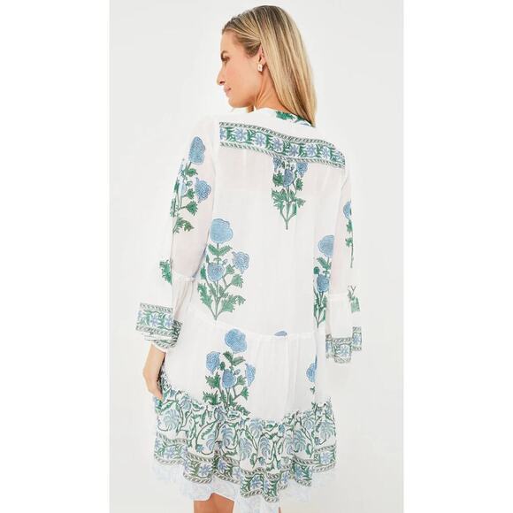 JULIET DUNN Tuckernuck White Poppy Flared Sleeve Cotton Mini Dress Block Print - Picture 5 of 11